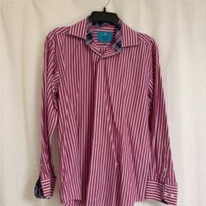Christian Audigier Striped Button Down Shirt in Pink and White